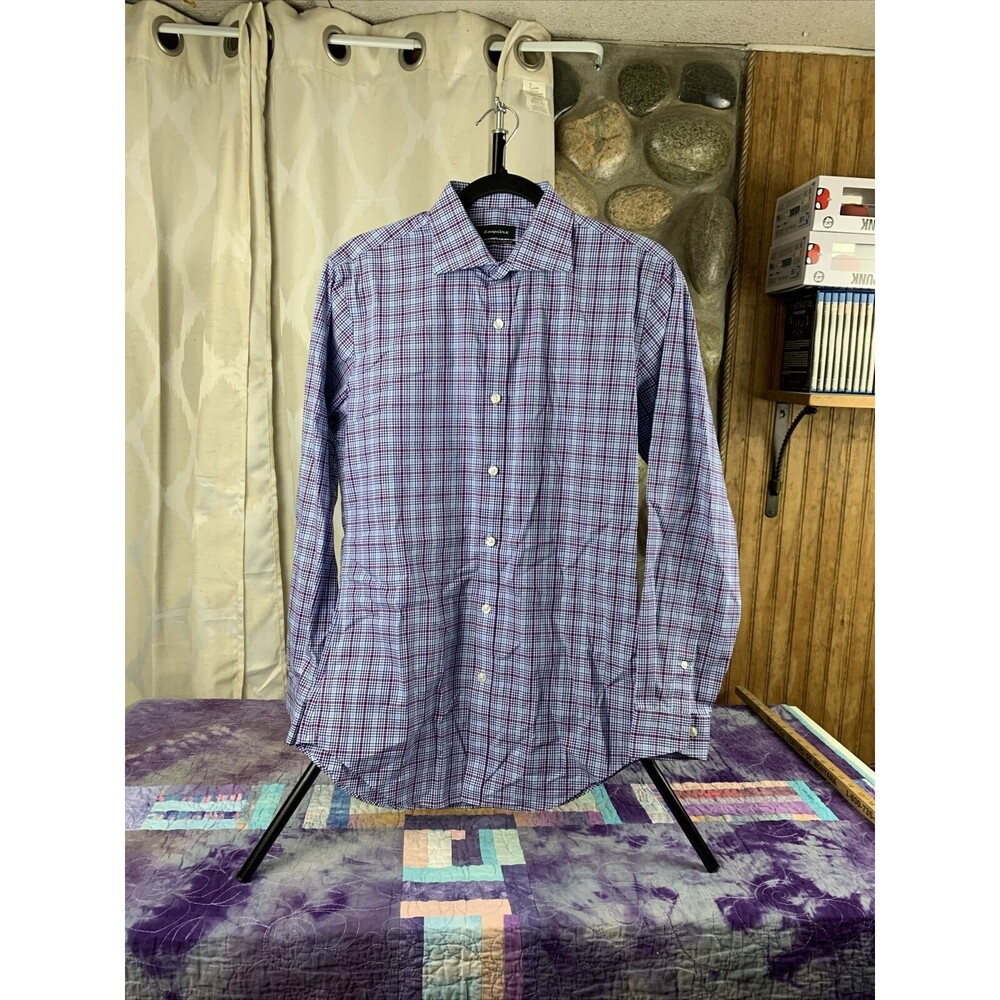 Esquire Mens Performance Slim Fit Long Sleeve Button Up Size 15 32/33 Blue Plaid